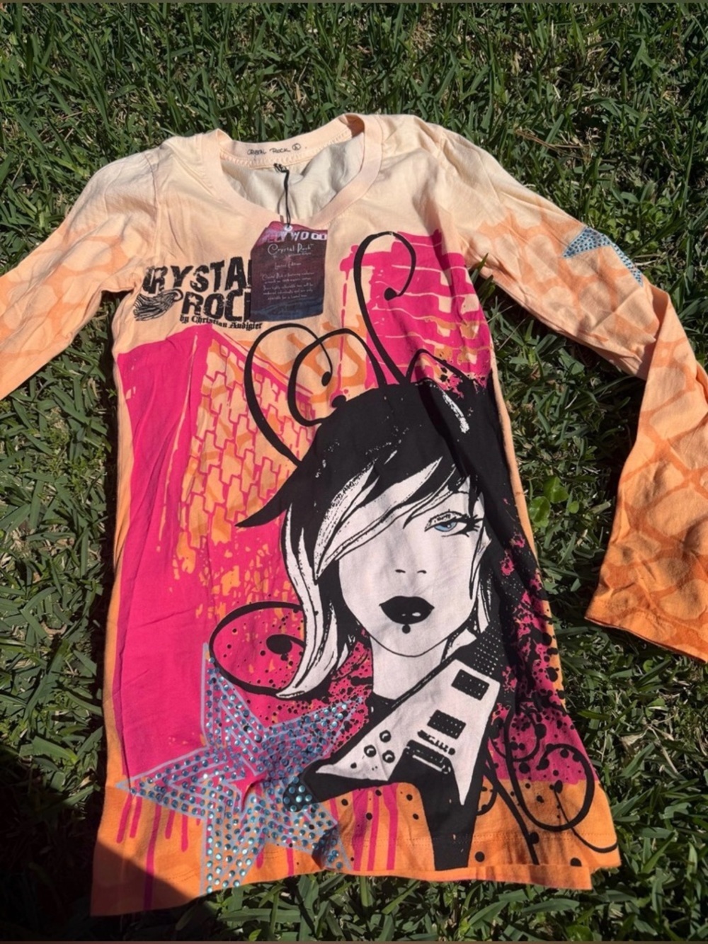 Crystal Rock by Christian Audigier Rocker Girl Graphic Rhinestone Tee Size M- S - Picture 2 of 9